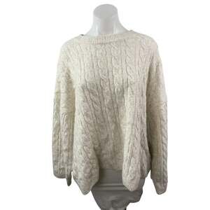 H&M Women's White Cable Knit Long Sleeve Crew Neck Loose Sweater Top Size XL